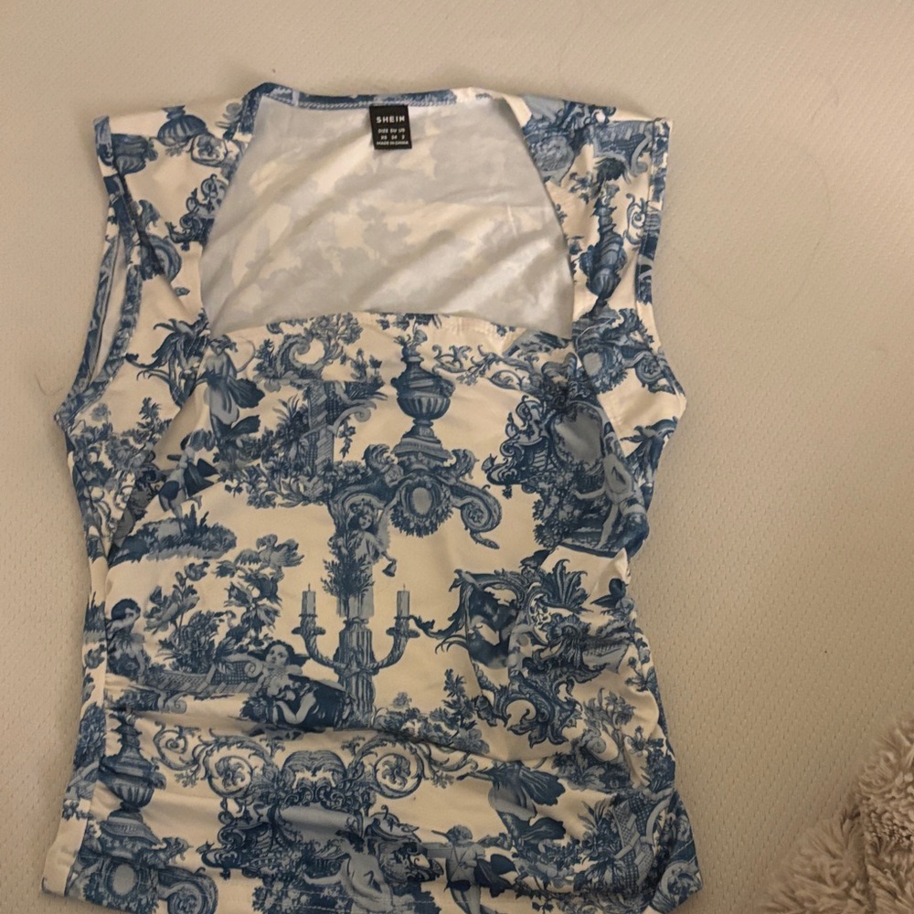 SHEIN Vintage Blue and White Baroque Blouse